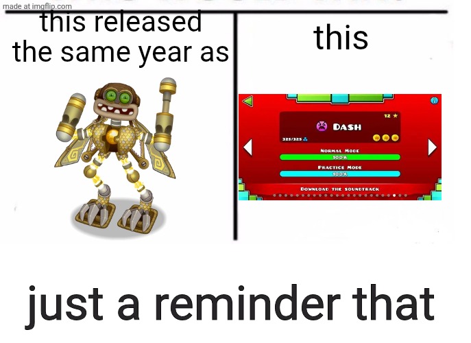 comparison table | this; this released the same year as; just a reminder that | image tagged in comparison table,msm,my singing monsters,gd,geometry dash | made w/ Imgflip meme maker