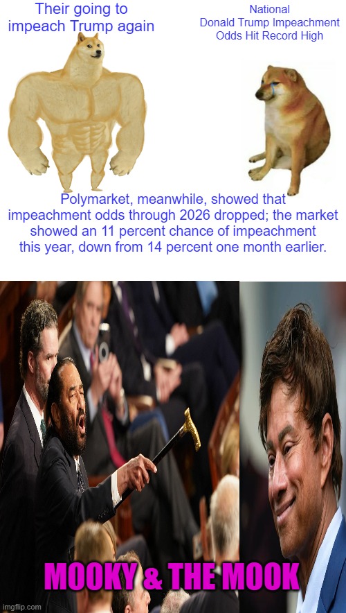 Their going to impeach Trump again; National
Donald Trump Impeachment Odds Hit Record High; Polymarket, meanwhile, showed that impeachment odds through 2026 dropped; the market showed an 11 percent chance of impeachment this year, down from 14 percent one month earlier. MOOKY & THE MOOK | image tagged in memes,buff doge vs cheems,blank transparent square | made w/ Imgflip meme maker