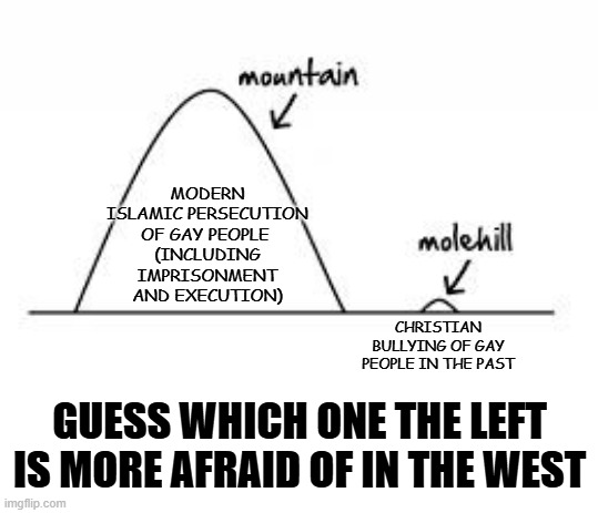 both are wrong but the left wants immigration of one more than the other into the west. Did you guess which one yet? | MODERN ISLAMIC PERSECUTION OF GAY PEOPLE 
(INCLUDING IMPRISONMENT AND EXECUTION); CHRISTIAN BULLYING OF GAY PEOPLE IN THE PAST; GUESS WHICH ONE THE LEFT IS MORE AFRAID OF IN THE WEST | image tagged in liberal hypocrisy,leftists,leftist logic,liberal vs conservative,leftist hypocrisy,hypocrisy | made w/ Imgflip meme maker