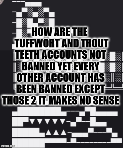 Why | HOW ARE THE   TUFFWORT AND TROUT TEETH ACCOUNTS NOT BANNED YET EVERY OTHER ACCOUNT HAS BEEN BANNED EXCEPT THOSE 2 IT MAKES NO SENSE | made w/ Imgflip meme maker