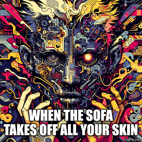 man with long yellow hair and huge forehead farting on his balls | WHEN THE SOFA TAKES OFF ALL YOUR SKIN | image tagged in man with long yellow hair and huge forehead farting on his balls | made w/ Imgflip meme maker