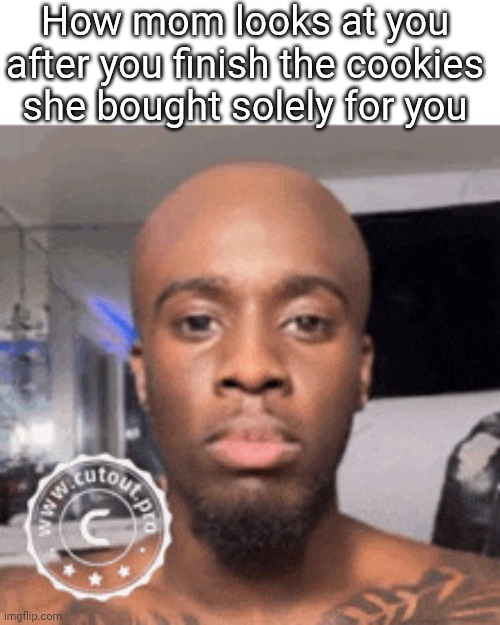 Eek | How mom looks at you after you finish the cookies she bought solely for you | image tagged in kai cenat 1000 yard stare,funny,memes,funny memes,1000 yard stare,kirk | made w/ Imgflip meme maker