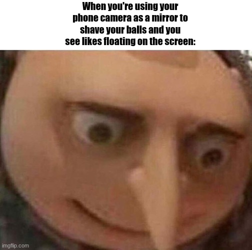 What. | When you're using your phone camera as a mirror to shave your balls and you see likes floating on the screen: | image tagged in gru meme,balls | made w/ Imgflip meme maker
