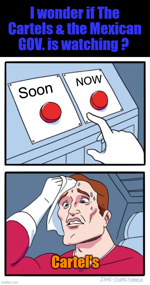 Just a matter of time. | I wonder if The Cartels & the Mexican GOV. is watching ? NOW; Soon; Cartel's | image tagged in memes,two buttons | made w/ Imgflip meme maker