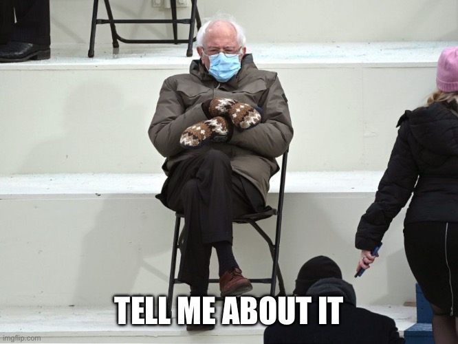 TELL ME ABOUT IT | image tagged in bernie sanders mittens | made w/ Imgflip meme maker