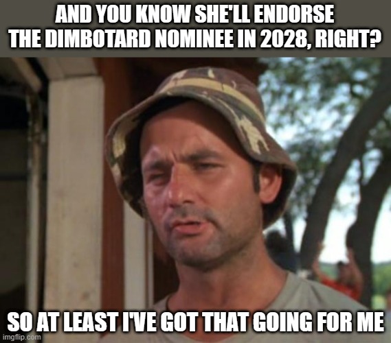 AND YOU KNOW SHE'LL ENDORSE THE DIMBOTARD NOMINEE IN 2028, RIGHT? SO AT LEAST I'VE GOT THAT GOING FOR ME | image tagged in memes,so i got that goin for me which is nice | made w/ Imgflip meme maker