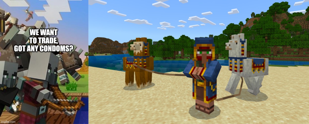 WE WANT TO TRADE, GOT ANY CONDOMS? | image tagged in illagers,wandering trader | made w/ Imgflip meme maker