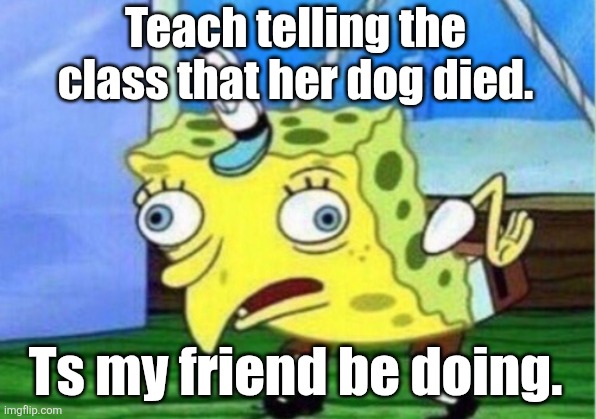Mocking Spongebob Meme | Teach telling the class that her dog died. Ts my friend be doing. | image tagged in memes,mocking spongebob | made w/ Imgflip meme maker