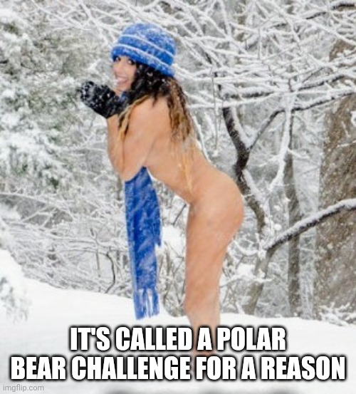 Polar Bear Challenge | IT'S CALLED A POLAR BEAR CHALLENGE FOR A REASON | image tagged in the snow fairy,nudity,snow,cold,sexy,brave | made w/ Imgflip meme maker