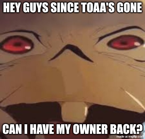 pls | HEY GUYS SINCE TOAA'S GONE; CAN I HAVE MY OWNER BACK? | image tagged in thukuna | made w/ Imgflip meme maker