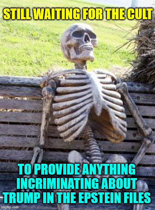 Waiting Skeleton Meme | STILL WAITING FOR THE CULT TO PROVIDE ANYTHING INCRIMINATING ABOUT TRUMP IN THE EPSTEIN FILES | image tagged in memes,waiting skeleton | made w/ Imgflip meme maker