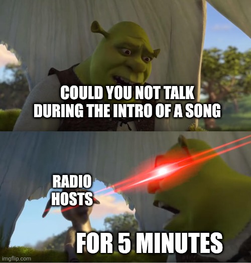I can't be the only one that finds this annoying | COULD YOU NOT TALK DURING THE INTRO OF A SONG; RADIO HOSTS; FOR 5 MINUTES | image tagged in shrek for five minutes | made w/ Imgflip meme maker