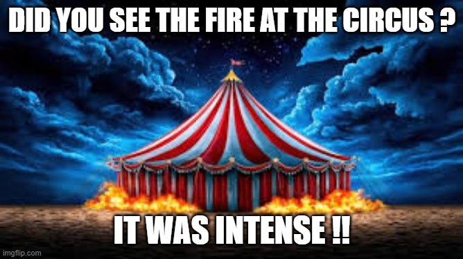 Did you see the fire at the circus?   --  play on words humor  -- | DID YOU SEE THE FIRE AT THE CIRCUS ? IT WAS INTENSE !! | image tagged in funny,humor,play on words,circus,fire | made w/ Imgflip meme maker