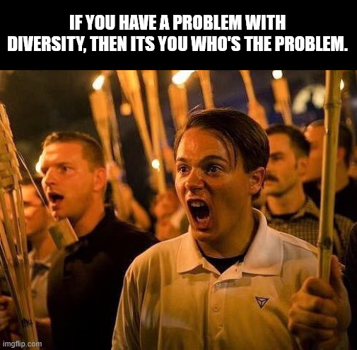 Triggered neo nazi | IF YOU HAVE A PROBLEM WITH DIVERSITY, THEN ITS YOU WHO'S THE PROBLEM. | image tagged in triggered neo nazi | made w/ Imgflip meme maker