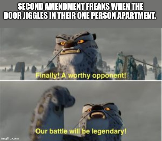 finnaly | SECOND AMENDMENT FREAKS WHEN THE DOOR JIGGLES IN THEIR ONE PERSON APARTMENT. | image tagged in finnaly | made w/ Imgflip meme maker