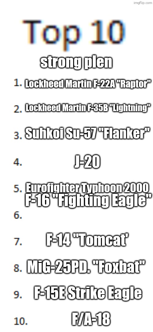 Top 10 List | strong plen; Lockheed Martin F-22A "Raptor"; Lockheed Martin F-35B "Lightning"; Suhkoi Su-57 "Flanker"; J-20; Eurofighter Typhoon 2000; F-16 "Fighting Eagle"; F-14 "Tomcat'; MiG-25PD. "Foxbat"; F-15E Strike Eagle; F/A-18 | image tagged in top 10 list | made w/ Imgflip meme maker