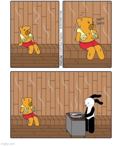 Buni Comics | image tagged in comics,buni comics,sauna,bear,dad,breakfast | made w/ Imgflip meme maker