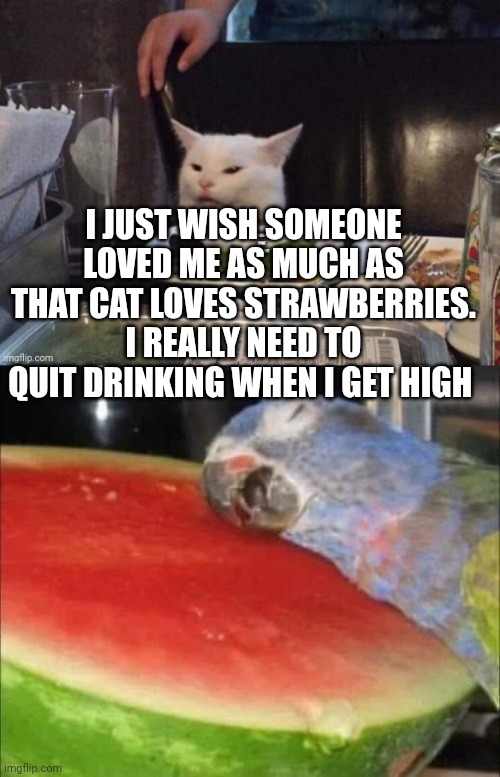 I JUST WISH SOMEONE LOVED ME AS MUCH AS THAT CAT LOVES STRAWBERRIES. I REALLY NEED TO QUIT DRINKING WHEN I GET HIGH | image tagged in smudge that darn cat | made w/ Imgflip meme maker