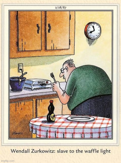 Waffles are great! | image tagged in the far side,comics,waffle maker,slave,light,waffles | made w/ Imgflip meme maker