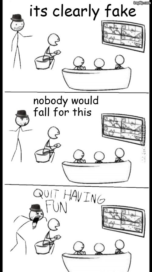 Quit Having Fun | its clearly fake; nobody would fall for this | image tagged in quit having fun | made w/ Imgflip meme maker