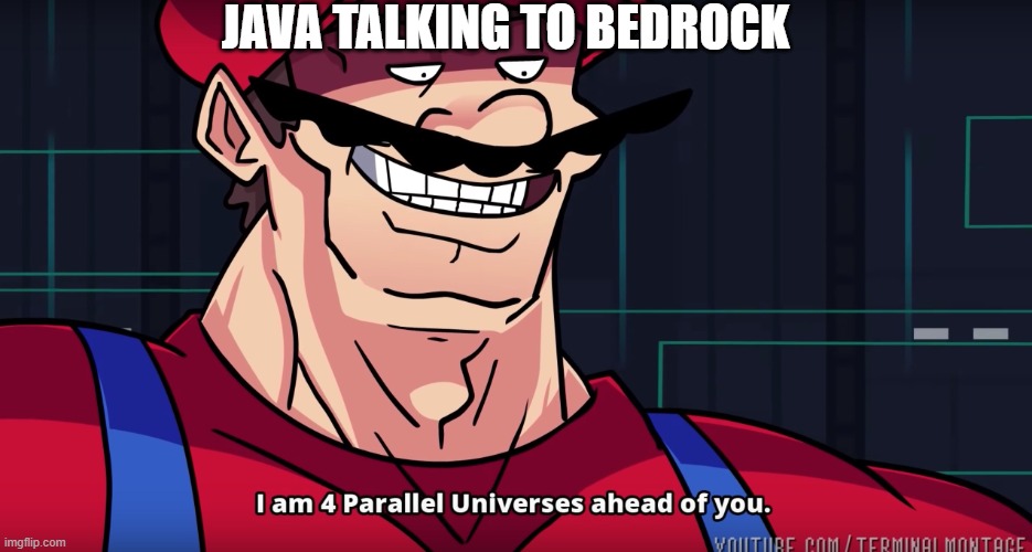 Mario I am four parallel universes ahead of you | JAVA TALKING TO BEDROCK | image tagged in mario i am four parallel universes ahead of you | made w/ Imgflip meme maker