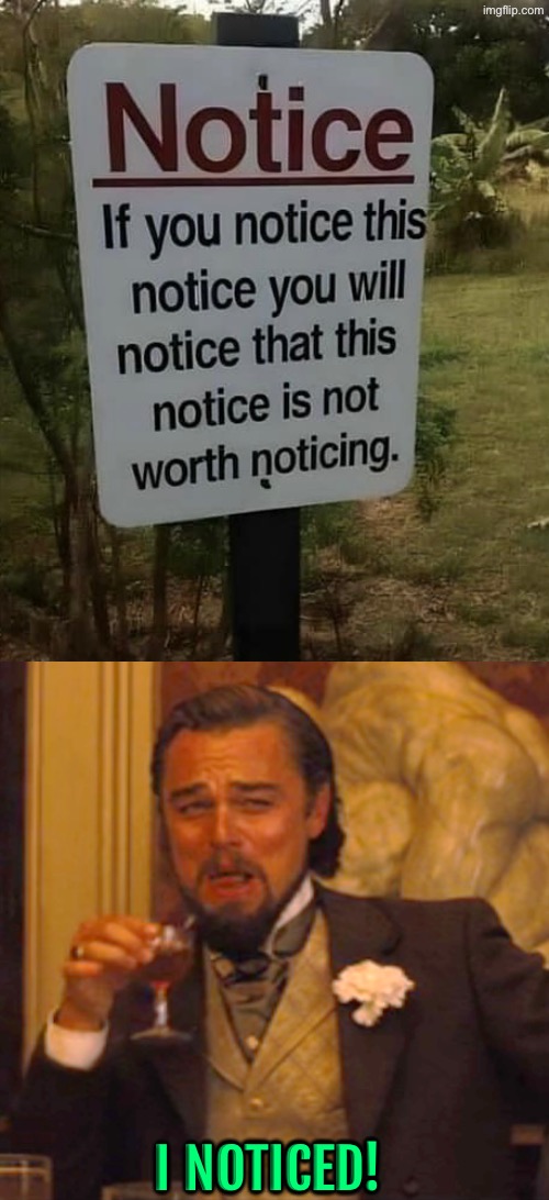 I Noticed | I NOTICED! | image tagged in funny signs,laughing leo,sarcasm,notice me,dafuq did i just read,excuse me wtf | made w/ Imgflip meme maker