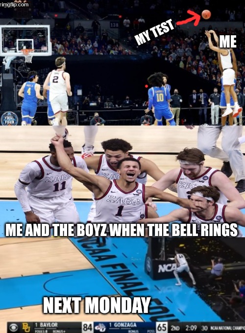 Gonzaga Basketball meme | MY TEST; ME; ME AND THE BOYZ WHEN THE BELL RINGS; NEXT MONDAY | image tagged in gonzaga,sports,college football,basketball,nba memes,funny memes | made w/ Imgflip meme maker