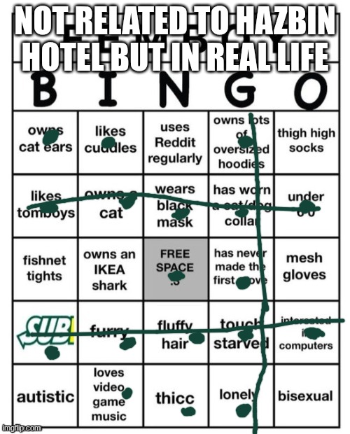 Femboy Bingo | NOT RELATED TO HAZBIN HOTEL BUT IN REAL LIFE | image tagged in femboy bingo | made w/ Imgflip meme maker