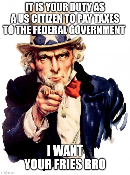 Uncle Sam Meme | IT IS YOUR DUTY AS A US CITIZEN TO PAY TAXES TO THE FEDERAL GOVERNMENT; I WANT YOUR FRIES BRO | image tagged in memes,uncle sam | made w/ Imgflip meme maker