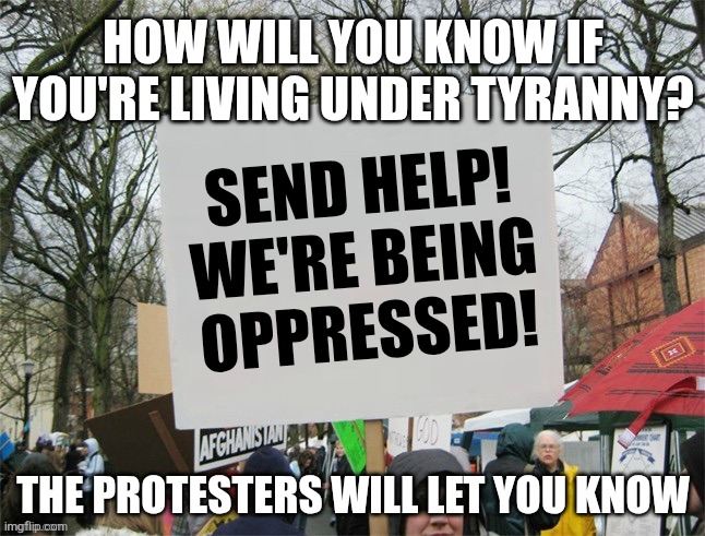 There will be signs | HOW WILL YOU KNOW IF YOU'RE LIVING UNDER TYRANNY? SEND HELP!
WE'RE BEING
OPPRESSED! THE PROTESTERS WILL LET YOU KNOW | image tagged in protest sign | made w/ Imgflip meme maker