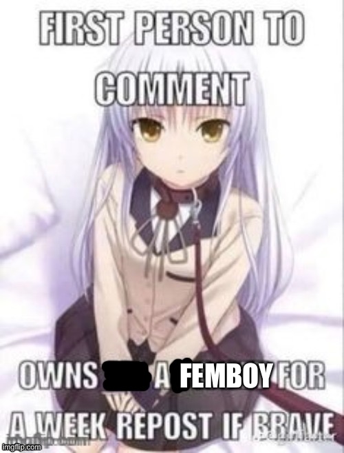 first person to comment owns as a pet for a week | FEMBOY | image tagged in first person to comment owns as a pet for a week,msmg | made w/ Imgflip meme maker