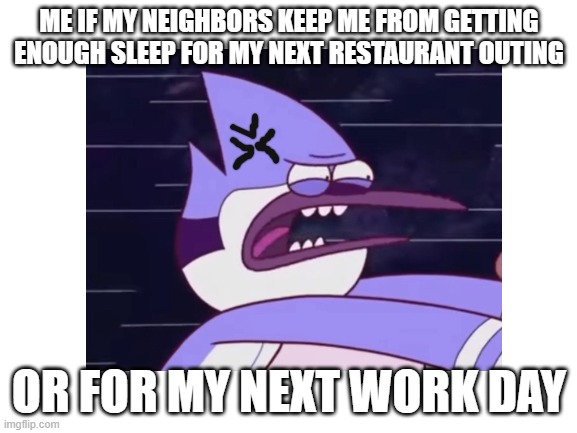 Not gonna have them do that bullshit go on after ten at fucking night anymore and expect me in a more forgiving mood than now | ME IF MY NEIGHBORS KEEP ME FROM GETTING
ENOUGH SLEEP FOR MY NEXT RESTAURANT OUTING; OR FOR MY NEXT WORK DAY | image tagged in blank white template,enough is enough,shits gonna hit the fan so high it'll make your head spin,mordecai,regular show,memes | made w/ Imgflip meme maker