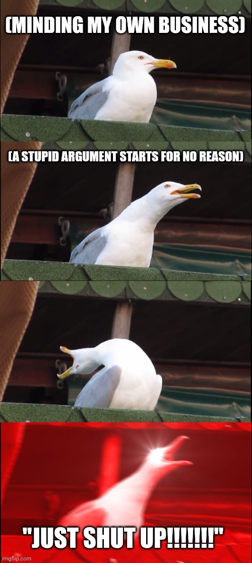 Inhaling Seagull | (MINDING MY OWN BUSINESS); (A STUPID ARGUMENT STARTS FOR NO REASON); "JUST SHUT UP!!!!!!!" | image tagged in memes,inhaling seagull | made w/ Imgflip meme maker