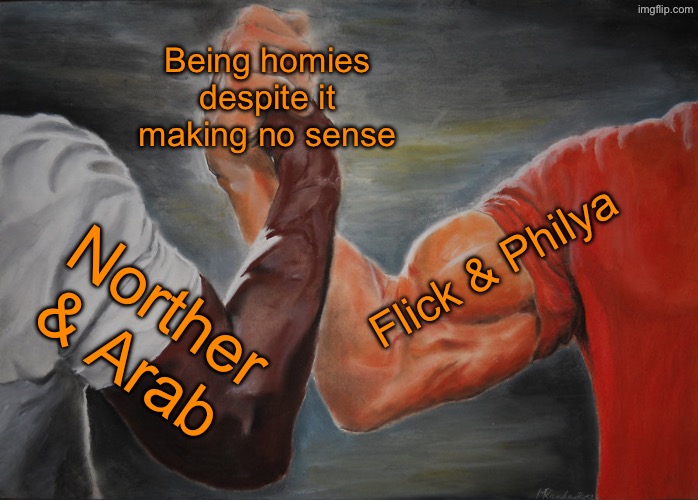 Epic Handshake | Being homies despite it making no sense; Flick & Philya; Norther & Arab | image tagged in epic handshake | made w/ Imgflip meme maker