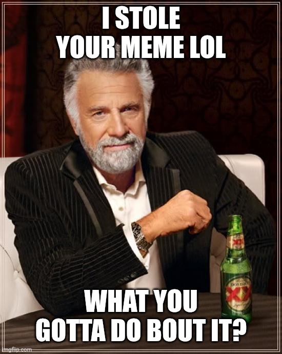 I STOLE YOUR MEME LOL WHAT YOU GOTTA DO BOUT IT? | image tagged in memes,the most interesting man in the world | made w/ Imgflip meme maker