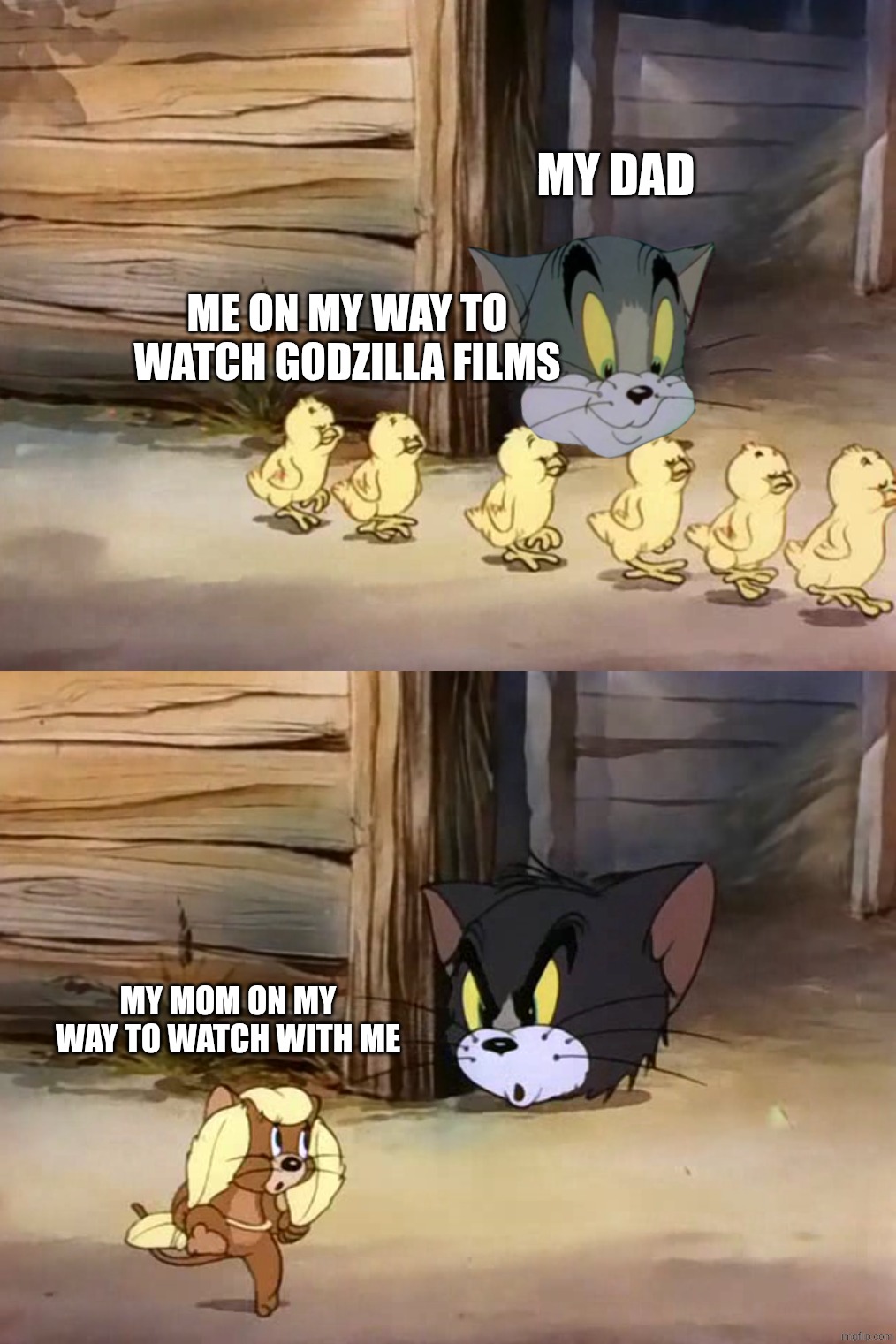 Me and my mom do that | MY DAD; ME ON MY WAY TO WATCH GODZILLA FILMS; MY MOM ON MY WAY TO WATCH WITH ME | image tagged in godzilla | made w/ Imgflip meme maker