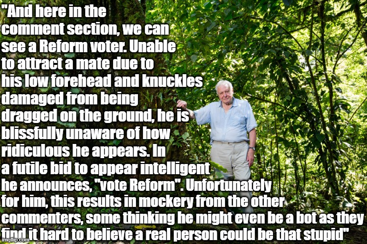 David Attenborough | "And here in the comment section, we can see a Reform voter. Unable to attract a mate due to his low forehead and knuckles damaged from being dragged on the ground, he is blissfully unaware of how ridiculous he appears. In a futile bid to appear intelligent; he announces, "vote Reform". Unfortunately for him, this results in mockery from the other commenters, some thinking he might even be a bot as they find it hard to believe a real person could be that stupid" | image tagged in david attenborough | made w/ Imgflip meme maker