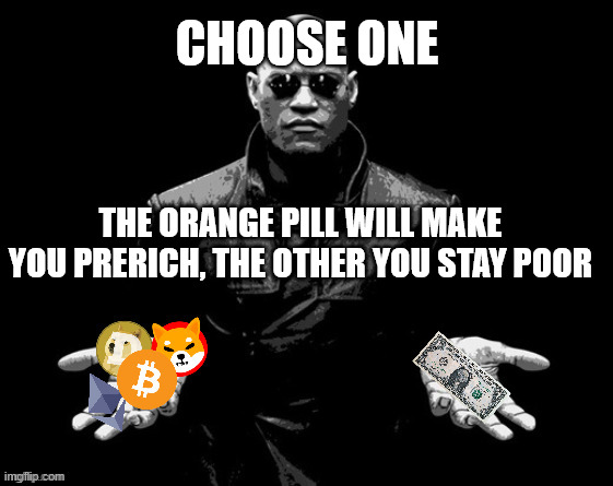 The choice is yours | CHOOSE ONE; THE ORANGE PILL WILL MAKE YOU PRERICH, THE OTHER YOU STAY POOR | image tagged in be the glitch,crypto,doge,btc,prerich,joke | made w/ Imgflip meme maker