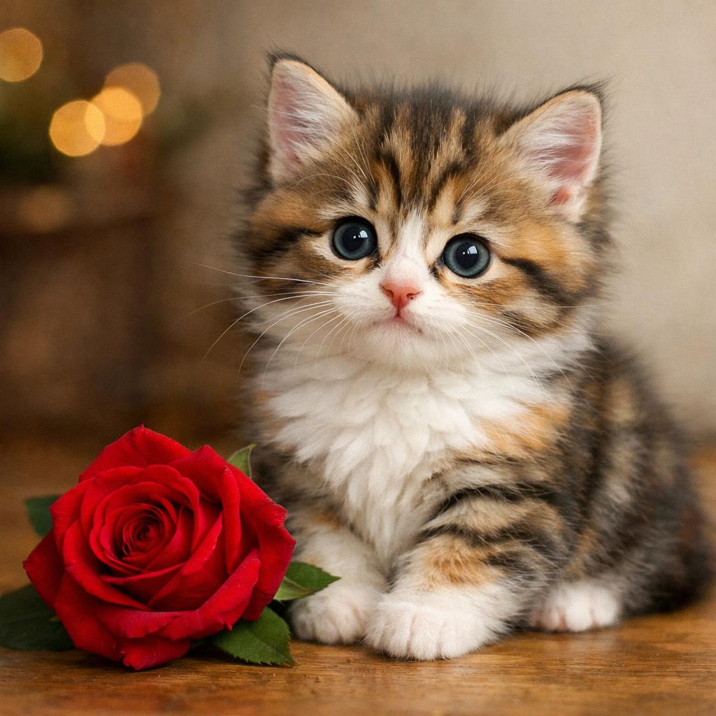 Cute kitten sitting with a red rose Blank Meme Template
