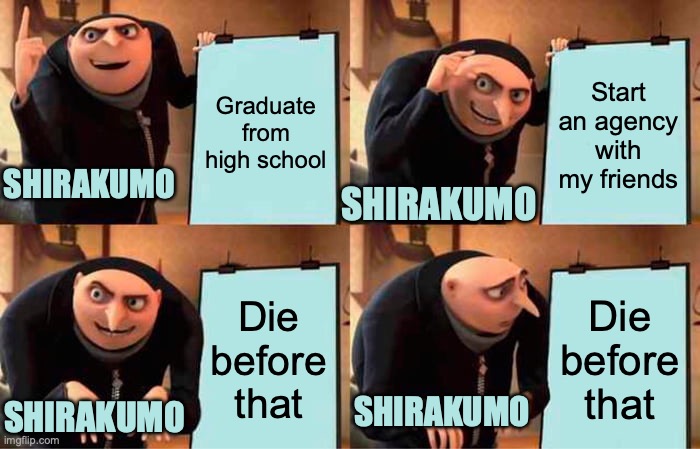 Sorta sad, what happened to Shirakumo | Graduate from high school; Start an agency with my friends; SHIRAKUMO; SHIRAKUMO; Die before that; Die before that; SHIRAKUMO; SHIRAKUMO | image tagged in memes,gru's plan,mha | made w/ Imgflip meme maker