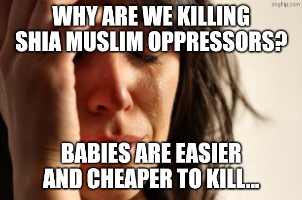 First World Problems Meme | WHY ARE WE KILLING SHIA MUSLIM OPPRESSORS? BABIES ARE EASIER AND CHEAPER TO KILL... | image tagged in memes,first world problems | made w/ Imgflip meme maker