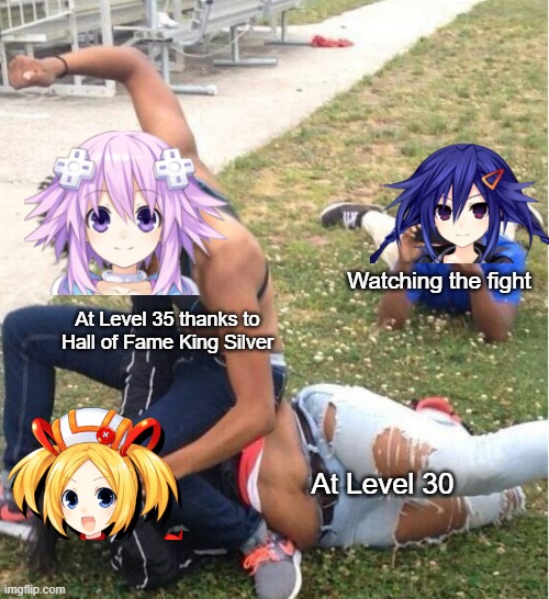When Hall of Fame King S. helps you out against Gold Third | Watching the fight; At Level 35 thanks to Hall of Fame King Silver; At Level 30 | image tagged in guy recording a fight | made w/ Imgflip meme maker