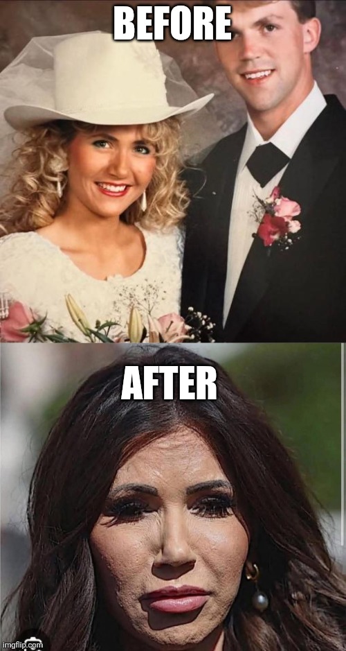 Noem | BEFORE; AFTER | image tagged in noem putty face,dog killer | made w/ Imgflip meme maker