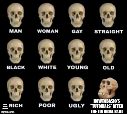 It's pure chaos. AND I LIKE IT. | HOWTOBASIC'S "TUTORIALS" AFTER THE TUTORIAL PART; WHY IS THIS TEXT BOX HERE? | image tagged in idiot skull,howtobasic,chaos | made w/ Imgflip meme maker