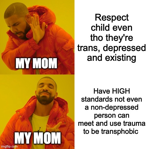 This is supposed to be funny (I am also being legit with this) | Respect child even tho they're trans, depressed and existing; MY MOM; Have HIGH standards not even a non-depressed person can meet and use trauma to be transphobic; MY MOM | image tagged in memes,drake hotline bling | made w/ Imgflip meme maker