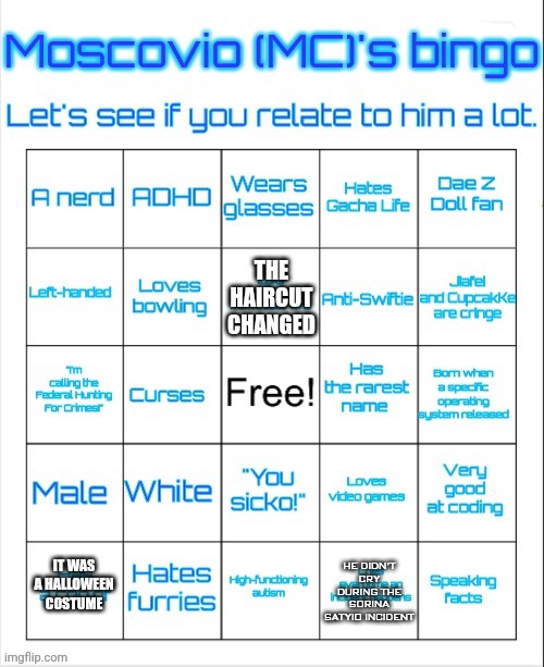 MC's bingo | IT WAS A HALLOWEEN COSTUME HE DIDN'T CRY DURING THE SORINA SATYIO INCIDENT THE HAIRCUT CHANGED | image tagged in mc's bingo | made w/ Imgflip meme maker