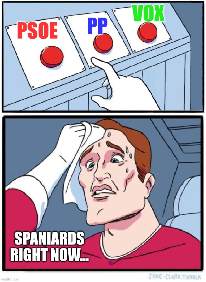 Hrm... | VOX; PP; PSOE; SPANIARDS RIGHT NOW... | image tagged in three buttons,spain,psoe,pp,vox | made w/ Imgflip meme maker