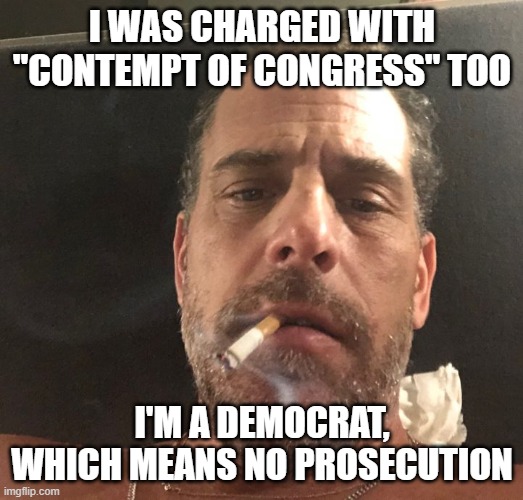 Hunter Biden | I WAS CHARGED WITH "CONTEMPT OF CONGRESS" TOO I'M A DEMOCRAT, WHICH MEANS NO PROSECUTION | image tagged in hunter biden | made w/ Imgflip meme maker