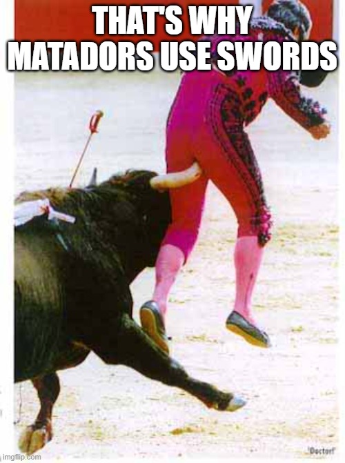 Matador Misery | THAT'S WHY MATADORS USE SWORDS | image tagged in matador misery | made w/ Imgflip meme maker