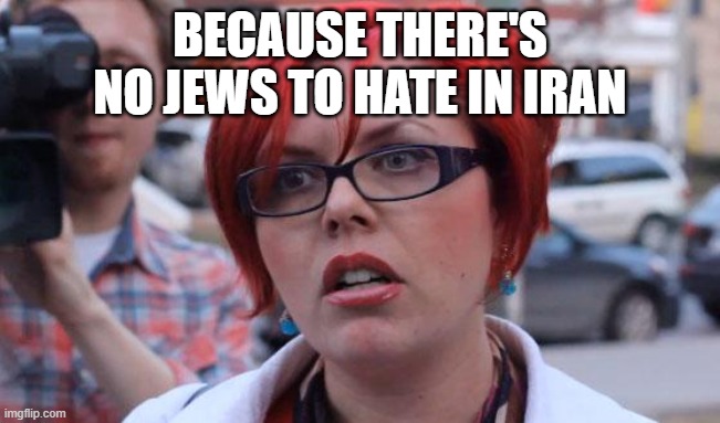 Angry Feminist | BECAUSE THERE'S NO JEWS TO HATE IN IRAN | image tagged in angry feminist | made w/ Imgflip meme maker